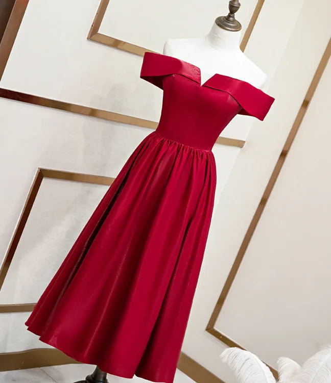 Beautiful A-line Off-the-Shoulder Satin Red Tea Length Bridesmaid Dress