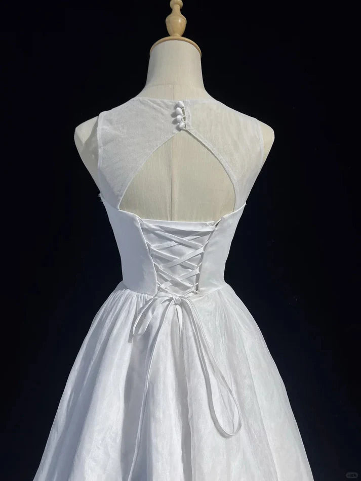 Beautiful A-line Round Neck Beaded Backless Tulle White Short Party Dress