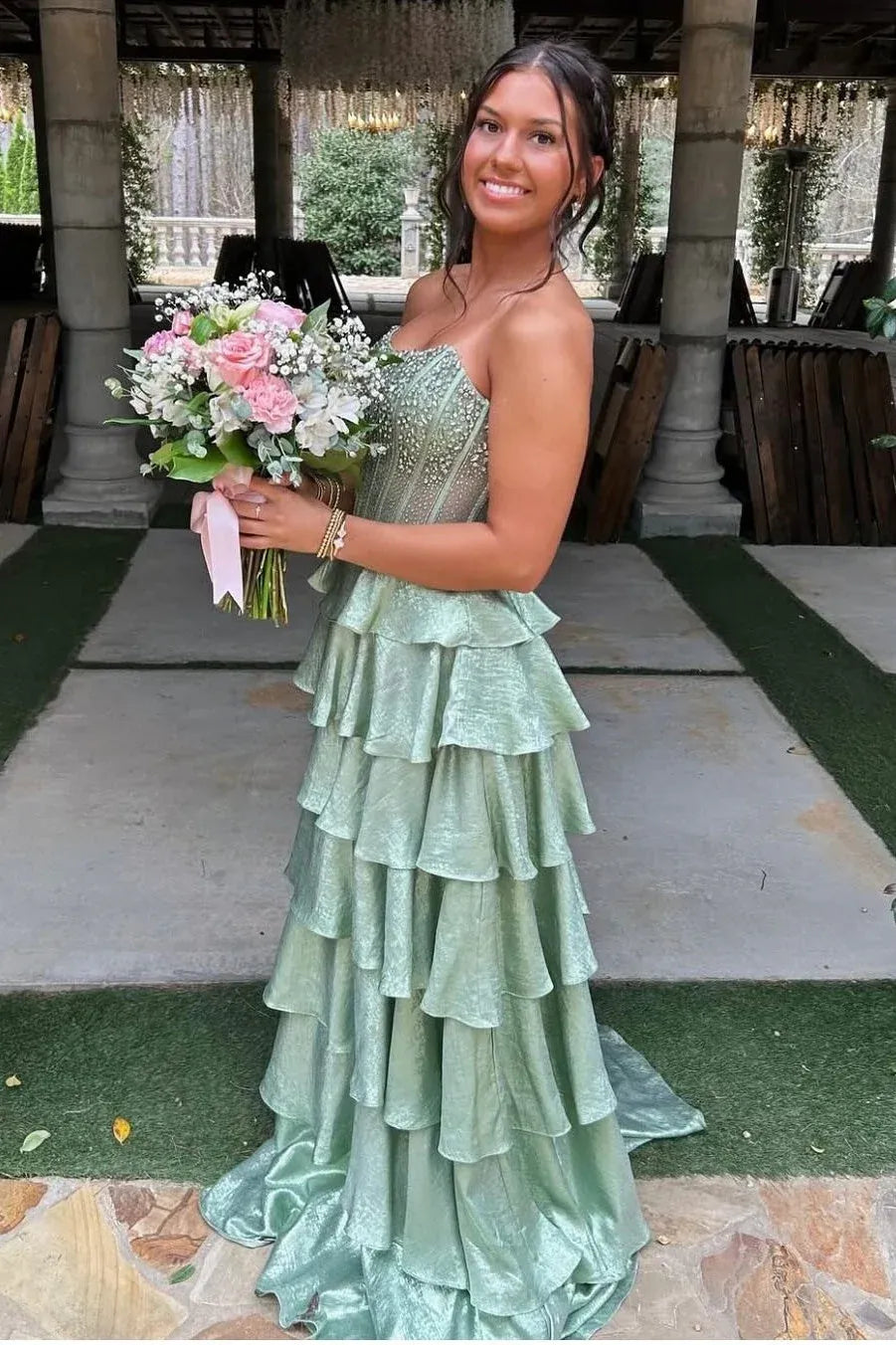 Beautiful A Line Strapless Beaded Tiered Ruffle Green Floor Length Prom Dress
