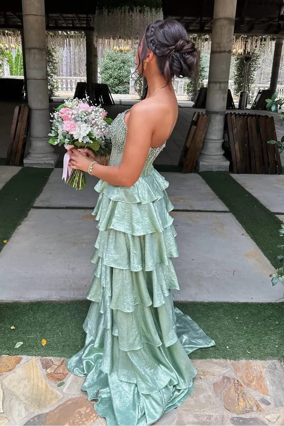 Beautiful A Line Strapless Beaded Tiered Ruffle Green Floor Length Prom Dress