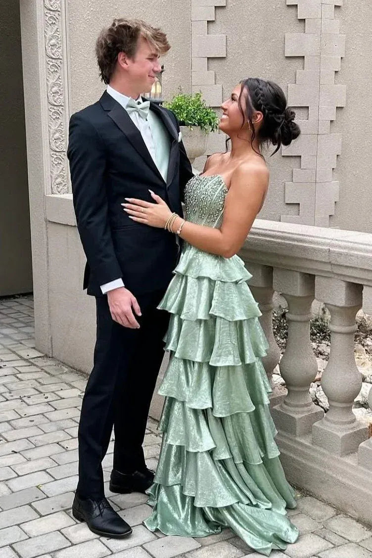 Beautiful A Line Strapless Beaded Tiered Ruffle Green Floor Length Prom Dress