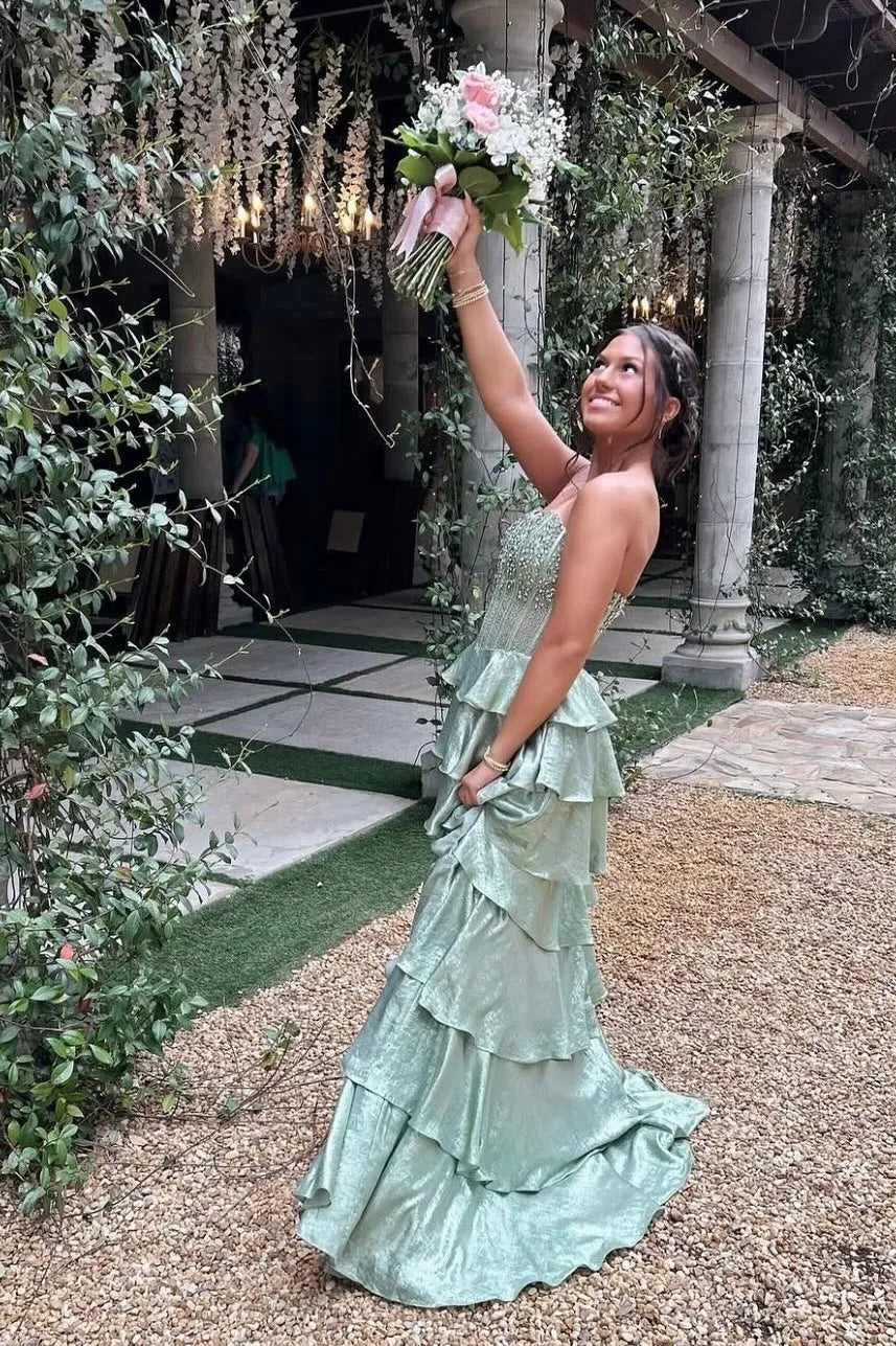 Beautiful A Line Strapless Beaded Tiered Ruffle Green Floor Length Prom Dress