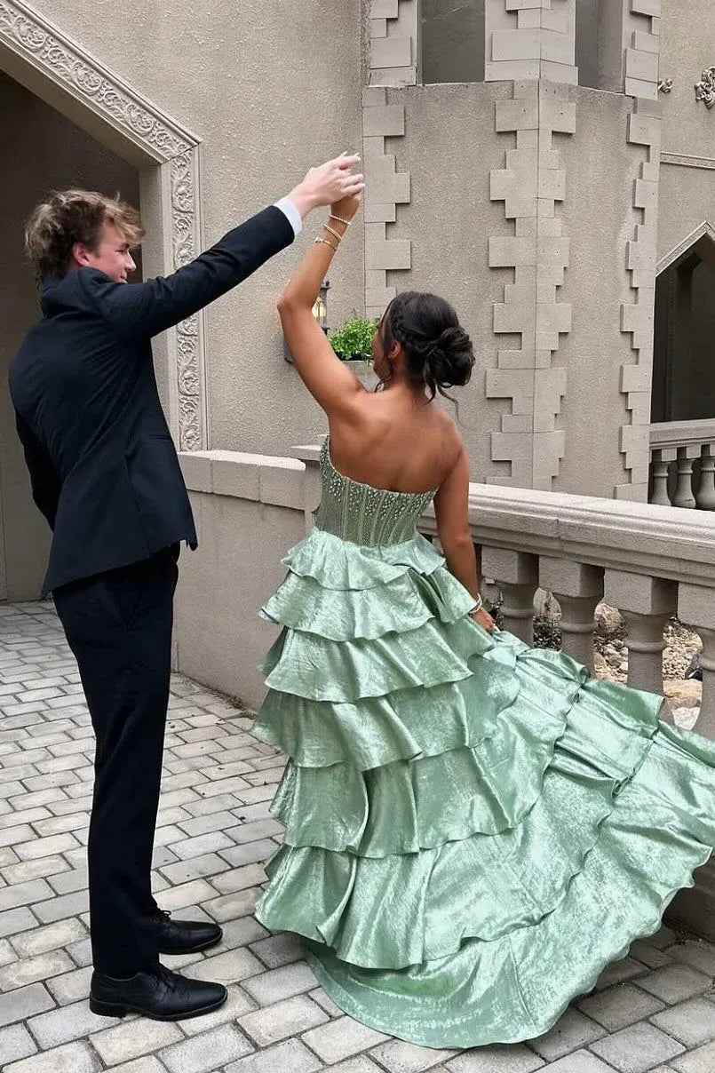 Beautiful A Line Strapless Beaded Tiered Ruffle Green Floor Length Prom Dress