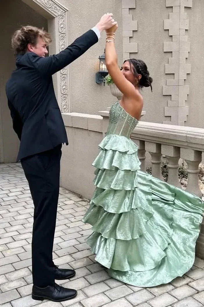 Beautiful A Line Strapless Beaded Tiered Ruffle Green Floor Length Prom Dress