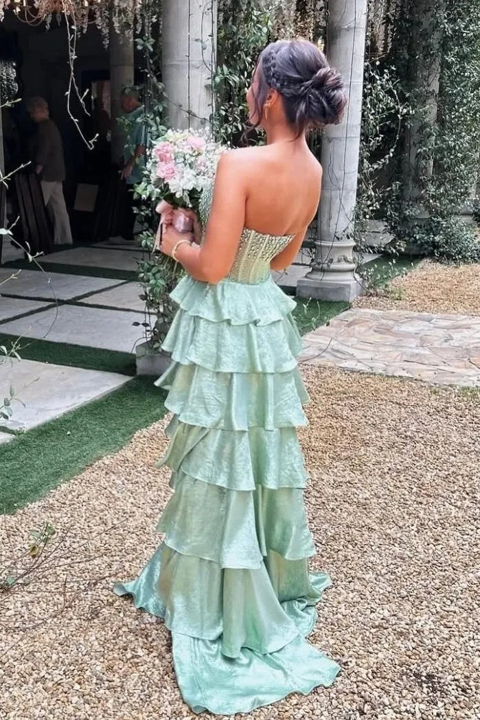 Beautiful A Line Strapless Beaded Tiered Ruffle Green Floor Length Prom Dress