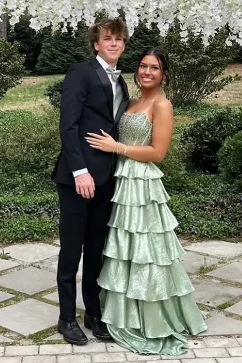 Beautiful A Line Strapless Beaded Tiered Ruffle Green Floor Length Prom Dress