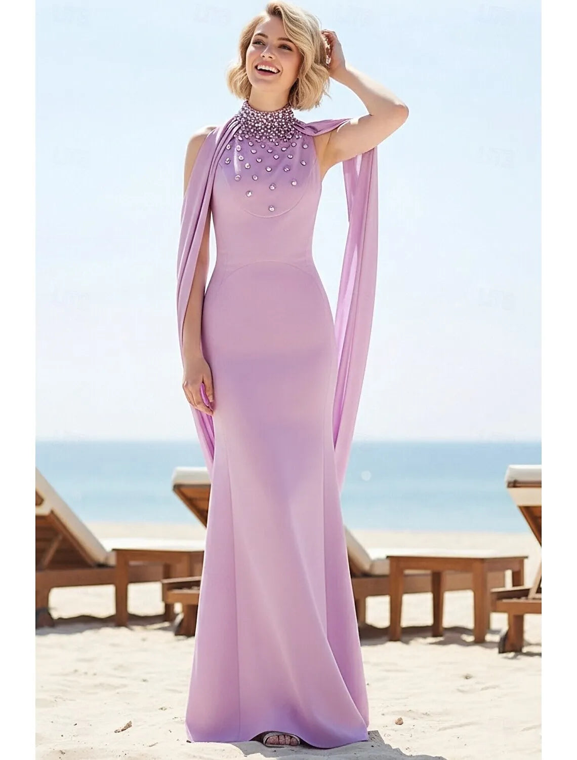Beautiful Mermaid High Neck Beaded Draped Lavender Floor Length Prom Dress