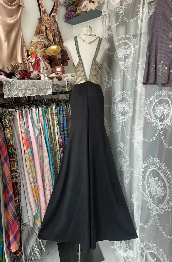 Beautiful Mermaid Round Neck Beaded Hollow Satin Black Long Party Dress
