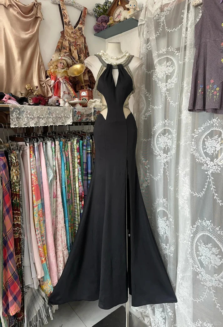 Beautiful Mermaid Round Neck Beaded Hollow Satin Black Long Party Dress