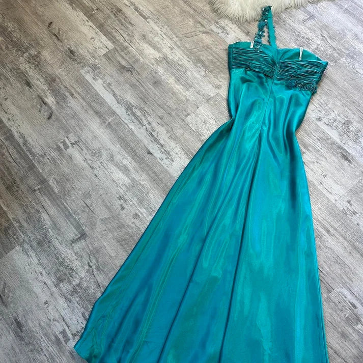 Beautiful One Shoulder Lace Applique Beaded Satin Blue Long Party Dress