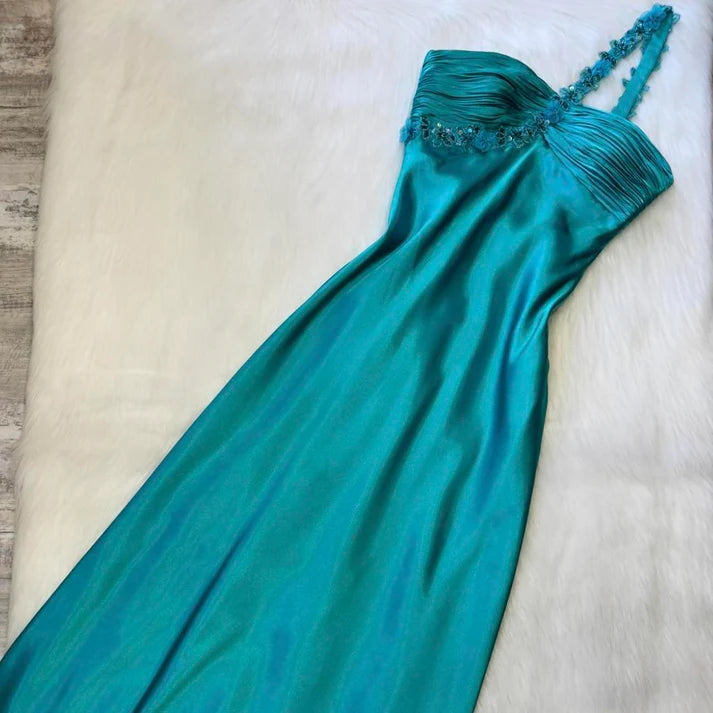 Beautiful One Shoulder Lace Applique Beaded Satin Blue Long Party Dress