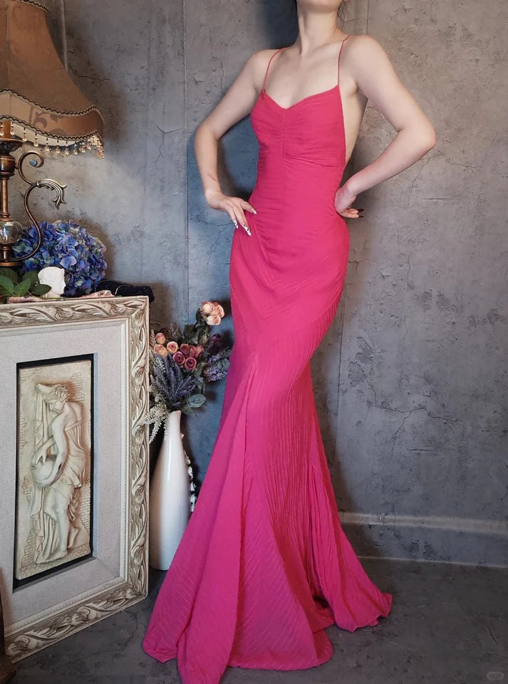 Beautiful Spaghetti Straps Pleated Hot Pink Long Prom Dress Party Dress