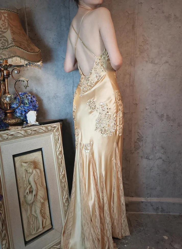 Beautiful Spaghetti Straps Sequins Lace Satin Gold Evening Dress Party Dress