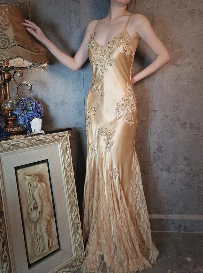 Beautiful Spaghetti Straps Sequins Lace Satin Gold Evening Dress Party Dress