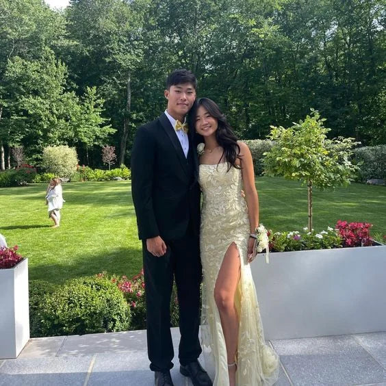 Beautiful Strapless Slit Floral Lace Yellow Long Prom Dress Evening Dress