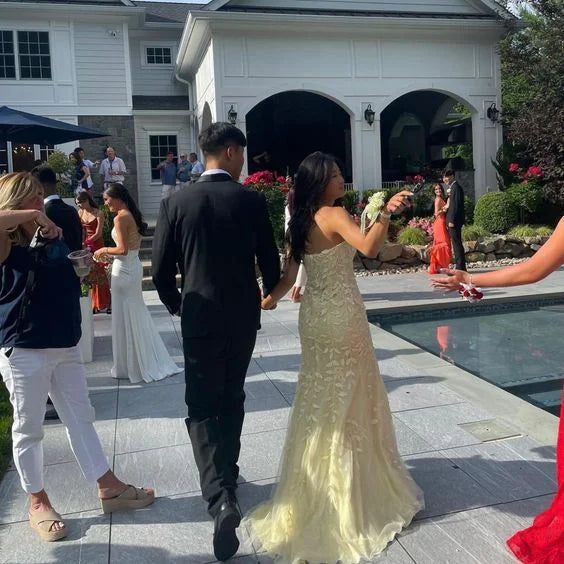Beautiful Strapless Slit Floral Lace Yellow Long Prom Dress Evening Dress