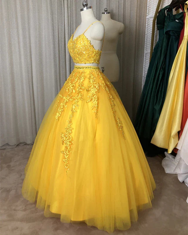 Beautiful Two Pieces Applique Tulle Yellow Prom Dress Sweet 16 Dress