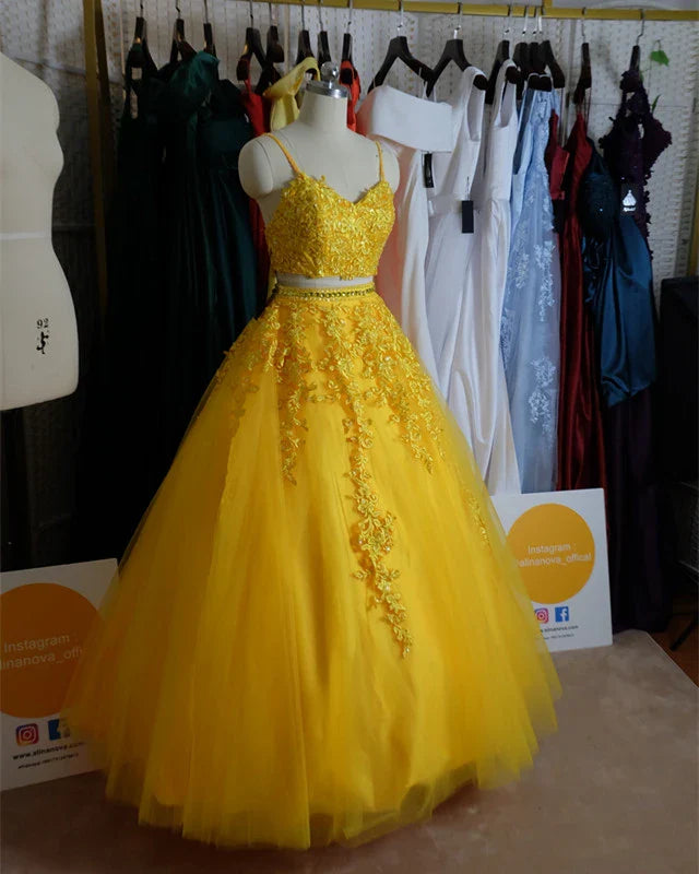 Beautiful Two Pieces Applique Tulle Yellow Prom Dress Sweet 16 Dress