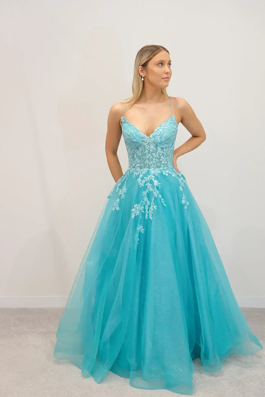 Beautiful A-Line V Neck Corset Floral Embroidered Organza Blue Floor Length Prom Dress