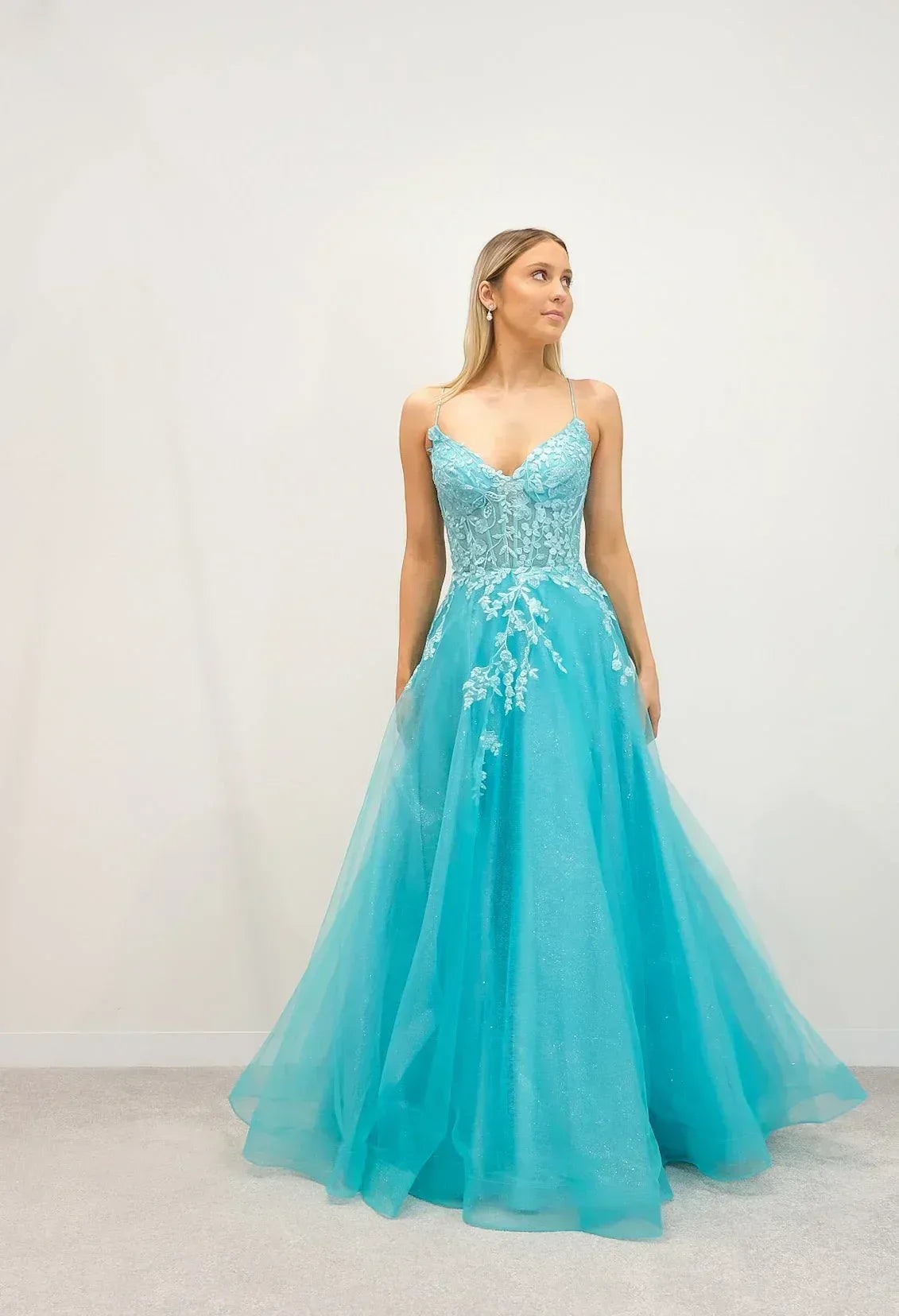 Beautiful A-Line V Neck Corset Floral Embroidered Organza Blue Floor Length Prom Dress