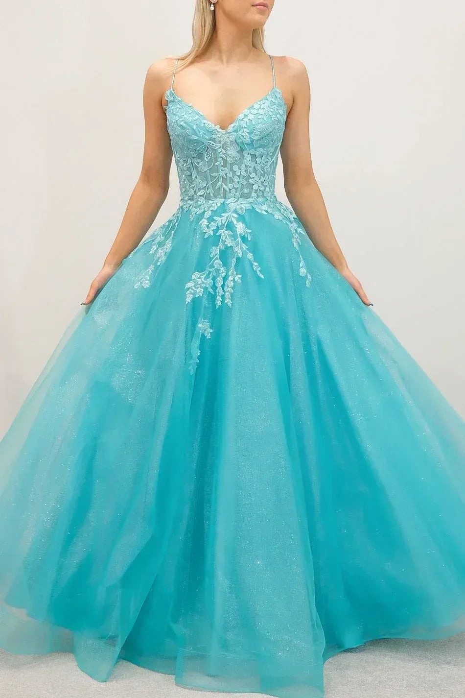 Beautiful A-Line V Neck Corset Floral Embroidered Organza Blue Floor Length Prom Dress