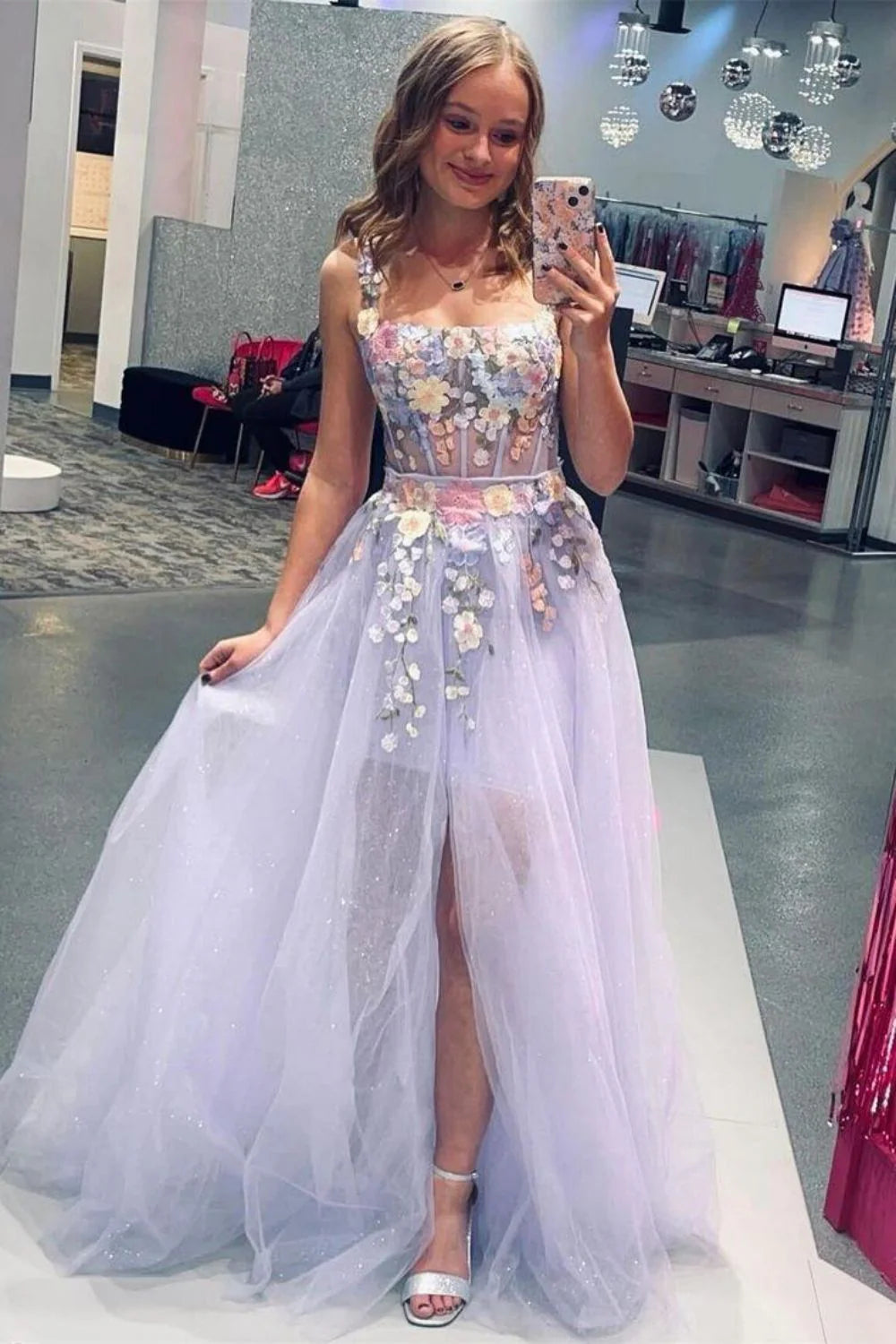 Beauty A Line Spaghetti Straps Appliques Corset Lilac Prom Dress With Slit