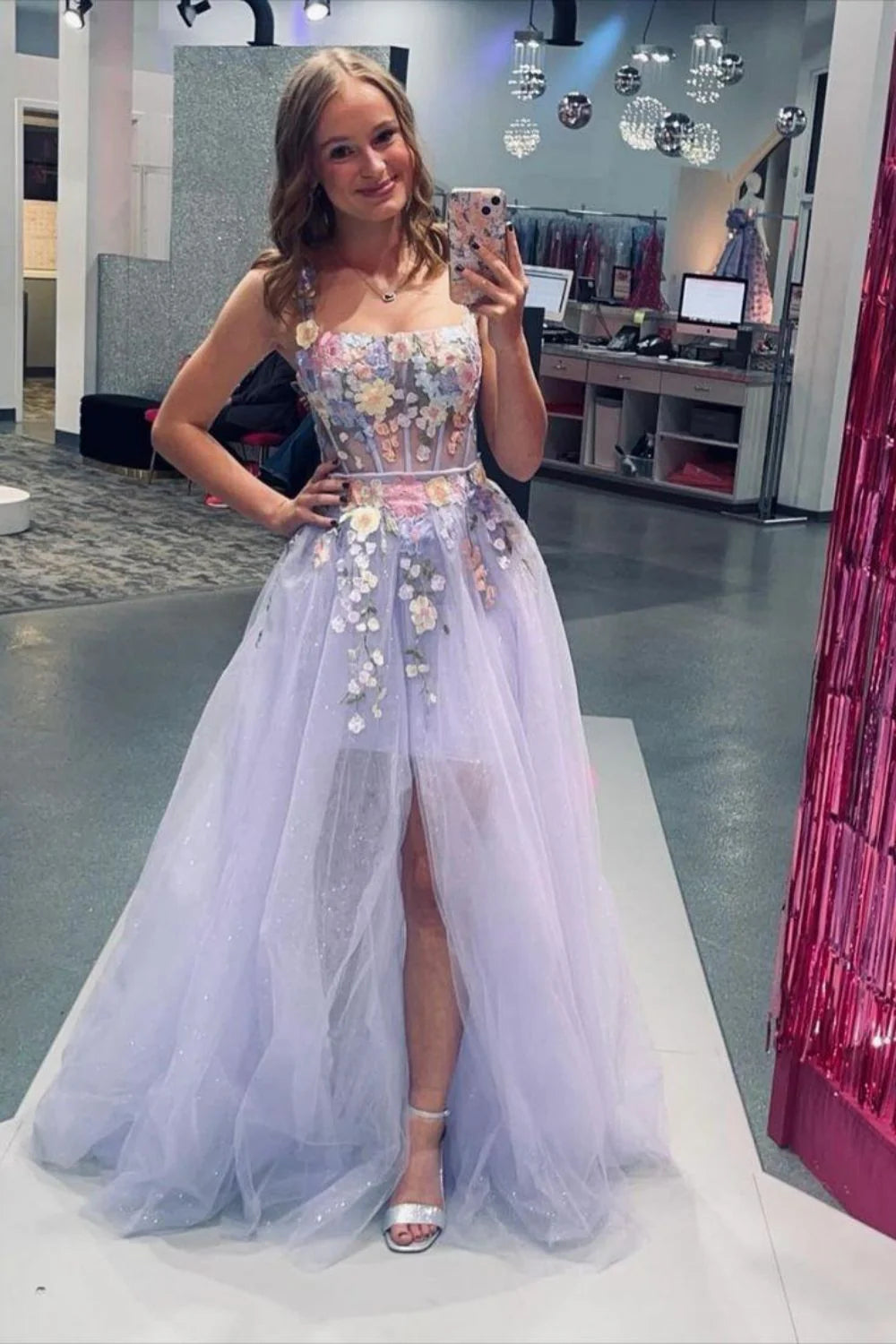Beauty A Line Spaghetti Straps Appliques Corset Lilac Prom Dress With Slit