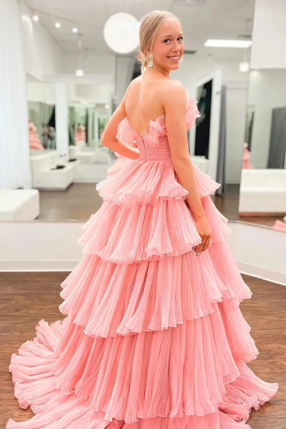 Beauty A Line Strapless Pleated Ruffles Tiered Pink Floor Length Prom Dress