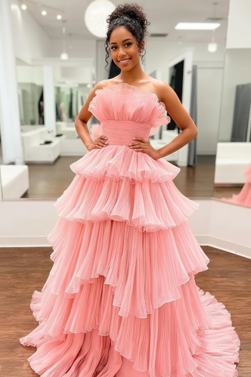 Beauty A Line Strapless Pleated Ruffles Tiered Pink Floor Length Prom Dress