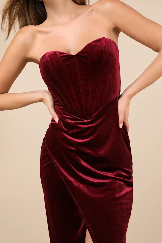 Xuewuba Formal Women's Dresses Masterfully Flirty Berry Red Velvet Bustier Midi Dress Prom Dresses Stores
