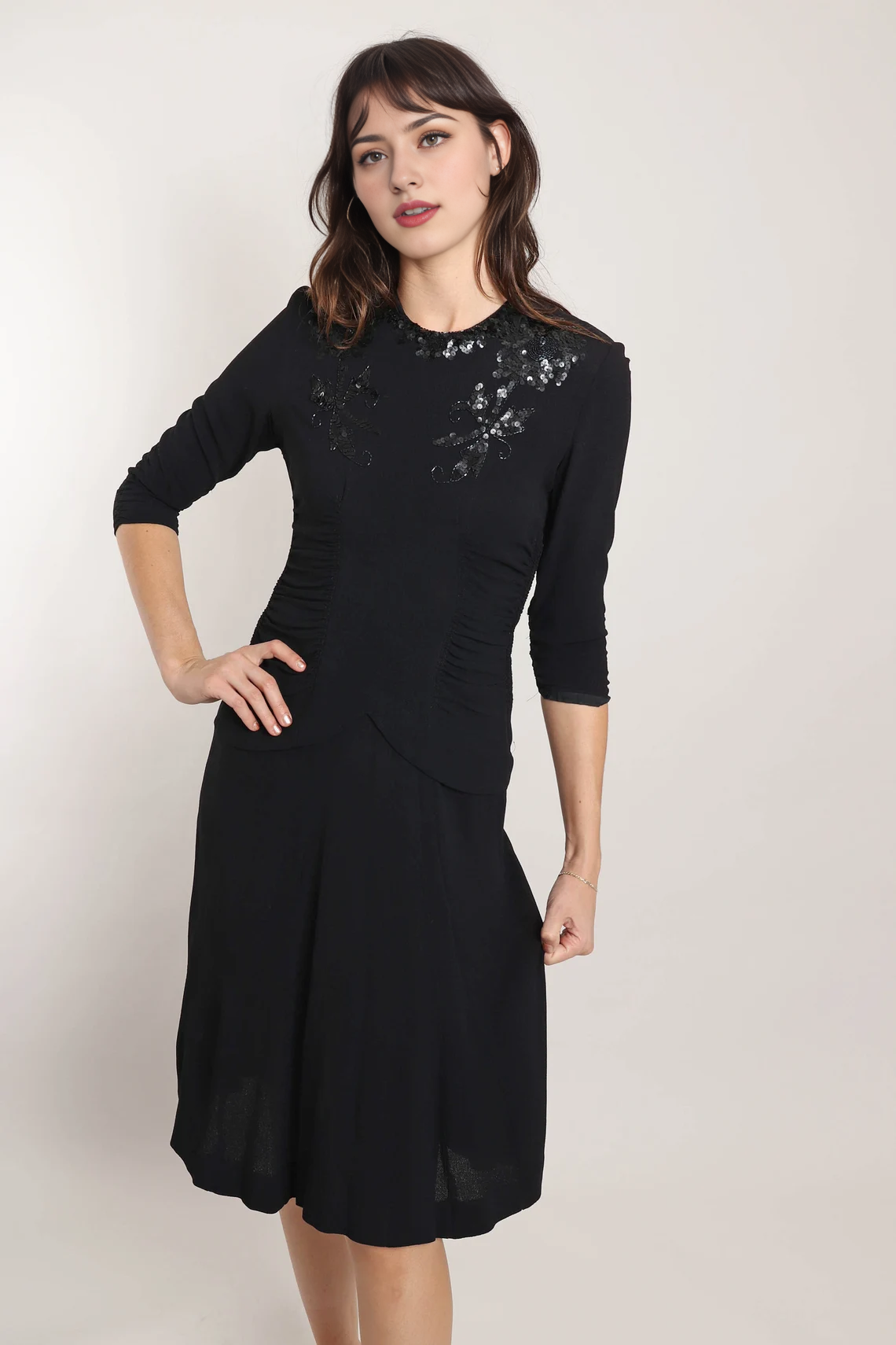 Black Sequined Dress Black Ruched Waist Dress Attached Belt Dress Cocktail Party Dress Prom Dress