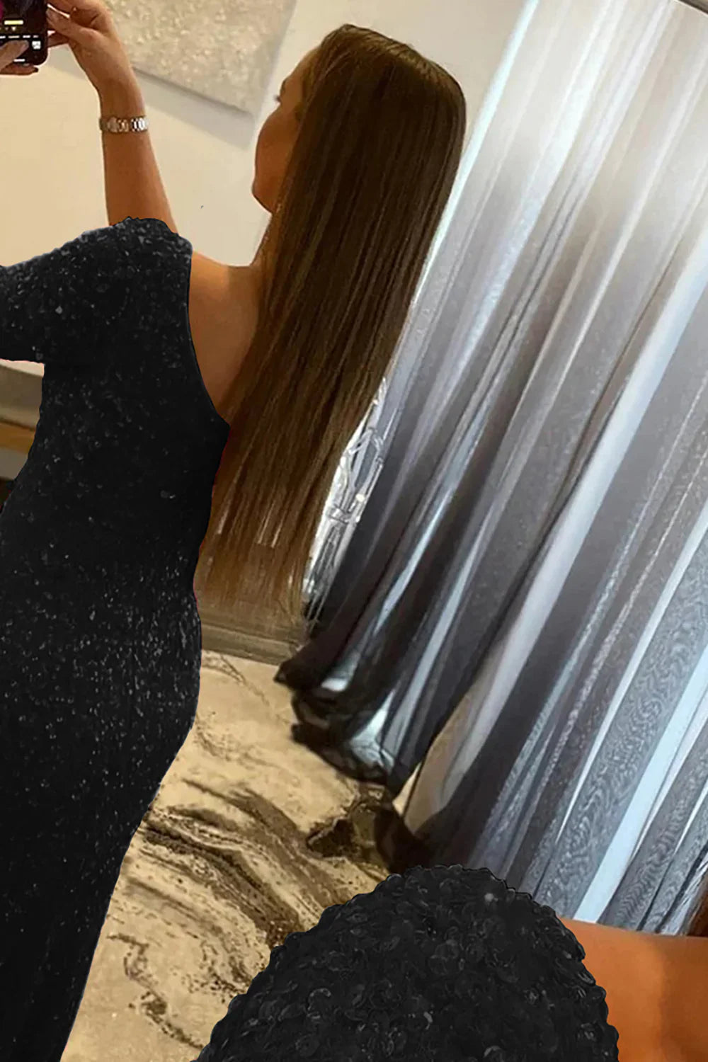 Mermaid Glitter One-Shoulder Single Sleeve Prom Dress With Sequins