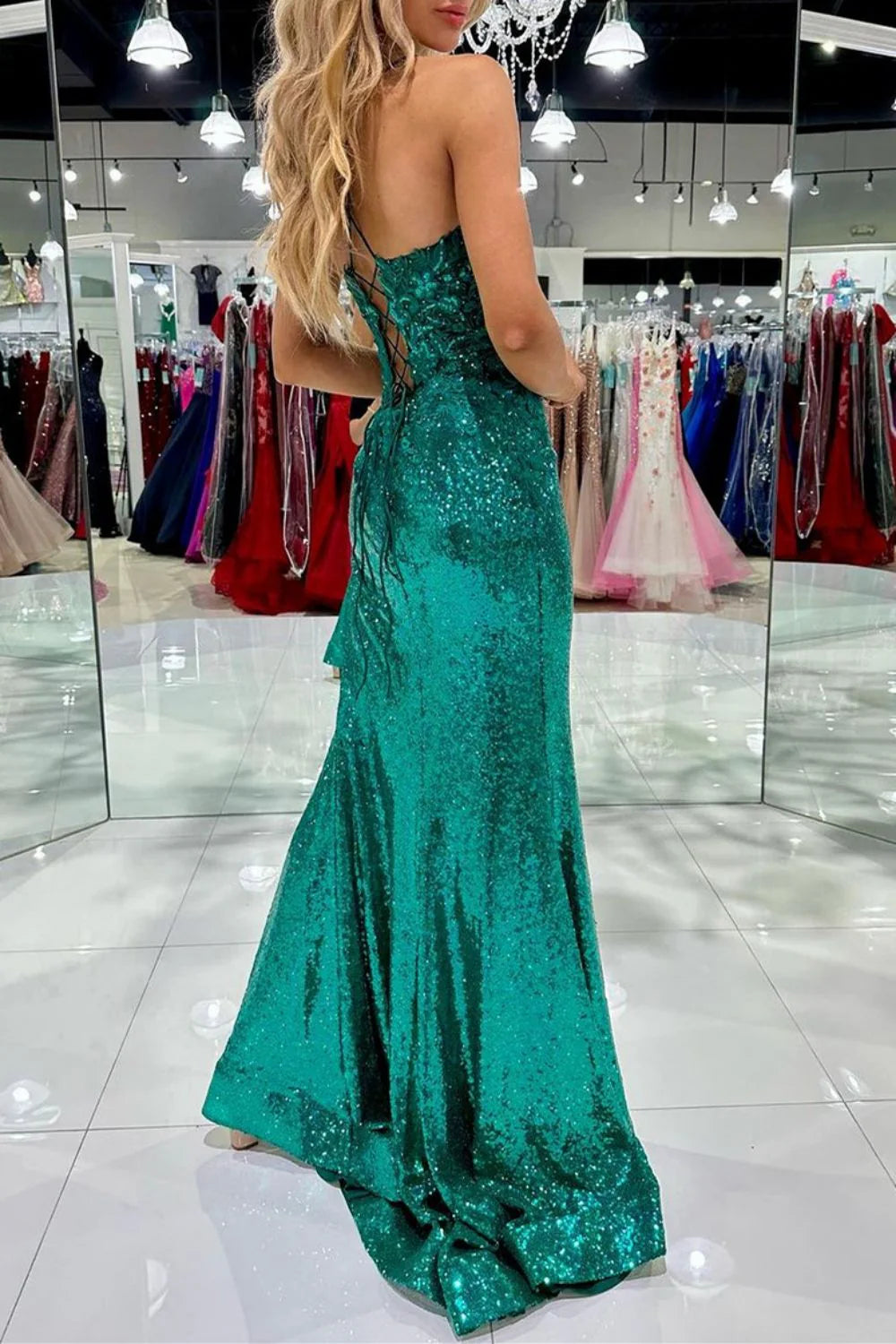 Bling Mermaid Spaghetti Straps Applique Sequins Green Prom Dress With Split
