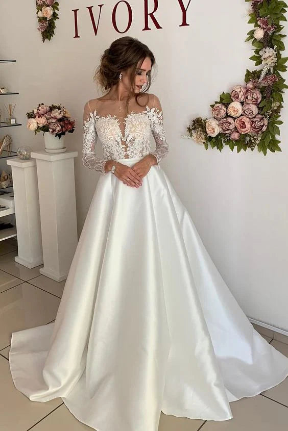 Boat Neck Long Sleeves Floral Lace Satin Ivory Prom Dress Wedding Dress