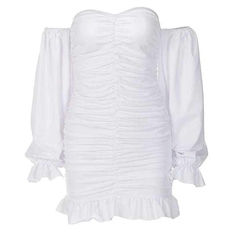 Bodycon Sweetheart Puff Sleeve Ruched White Short Homecoming Dress With Ruffle Hem