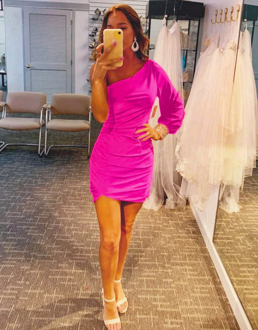 Bodycon One-Shoulder Long Sleeves Short Homecoming Dress With Beaded For Women