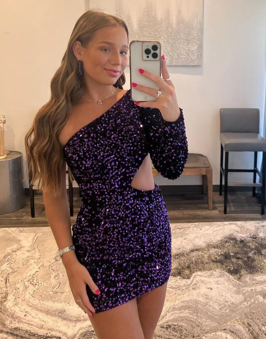 Bodycon One Shoulder Long Sleeve Cutout Open Back Sequin Homecoming Dress