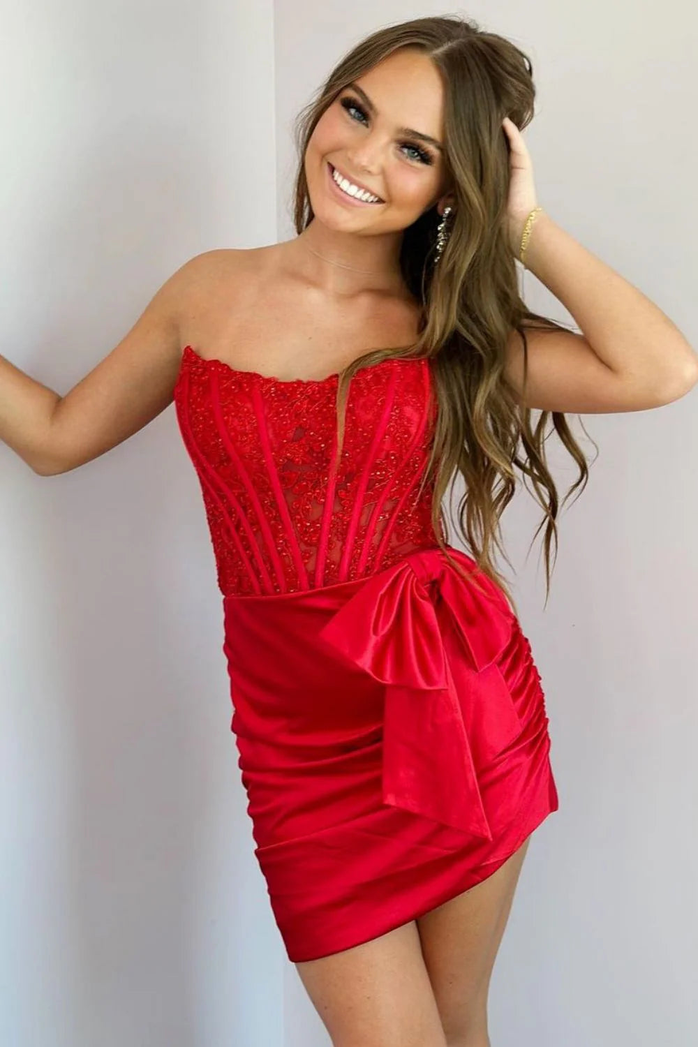 Bodycon Strapless Corset Lace Top Satin Red Short Homecoming Dress With Bow