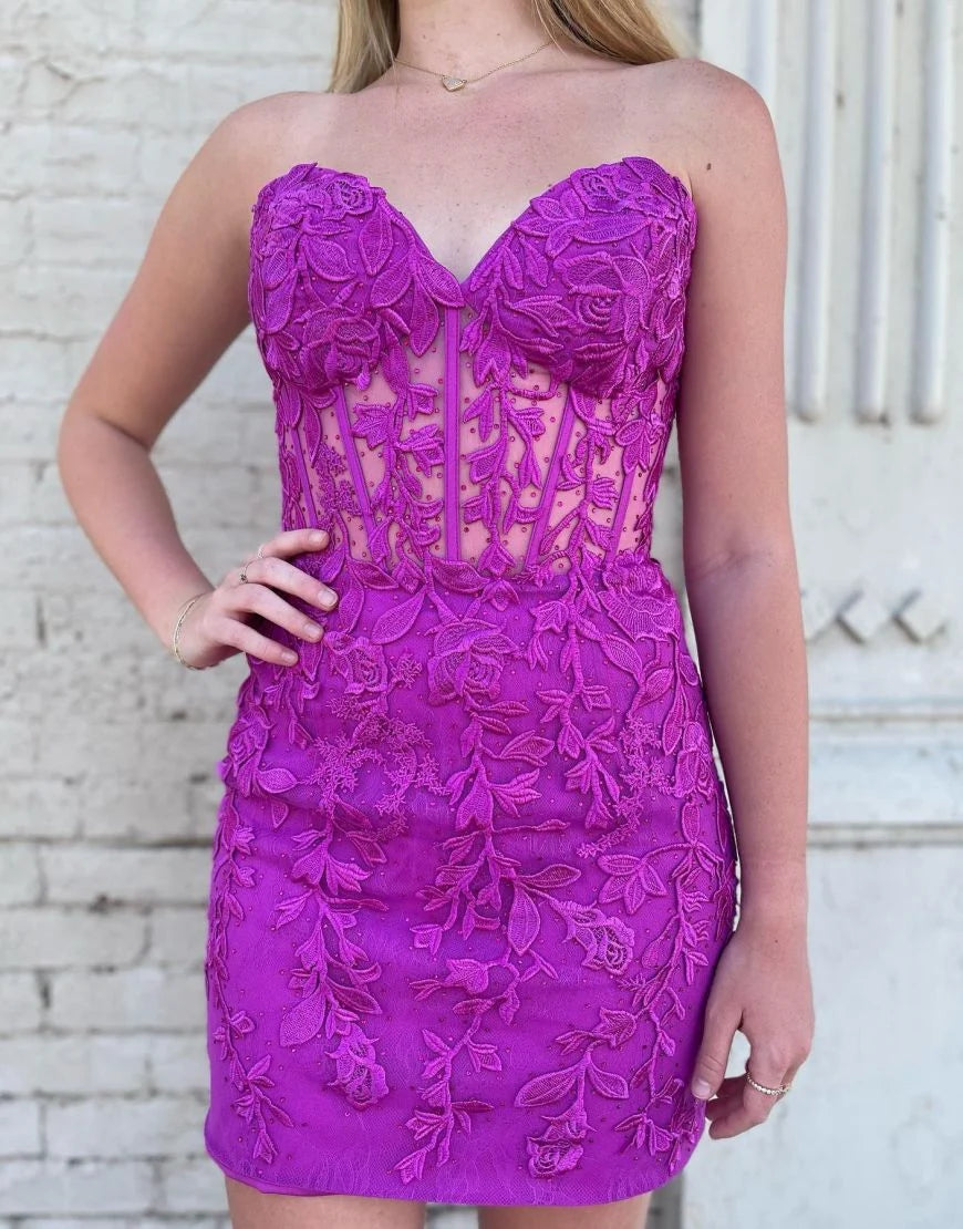 Bodycon Sweetheart Corset Lace Fuchsia Homecoming Dress With Appliques