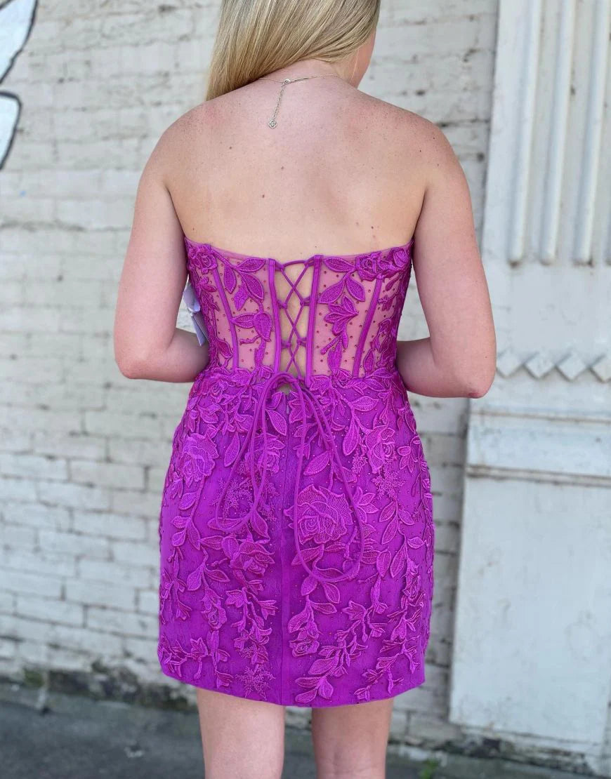 Bodycon Sweetheart Corset Lace Fuchsia Homecoming Dress With Appliques