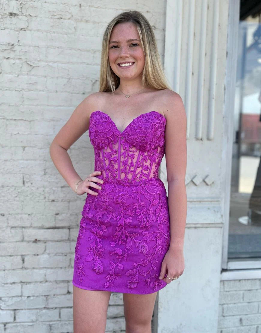Bodycon Sweetheart Corset Lace Fuchsia Homecoming Dress With Appliques