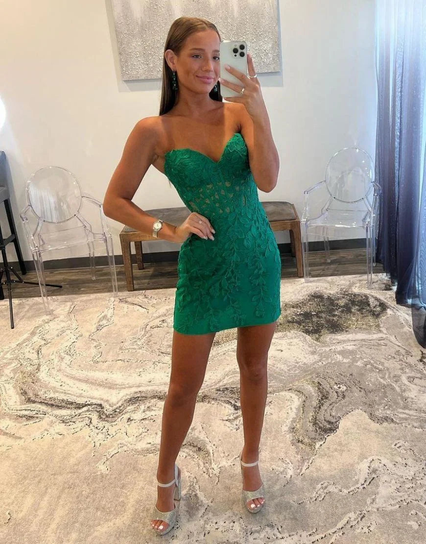 Bodycon Sweetheart Corset Lace Green Homecoming Dress With Appliques