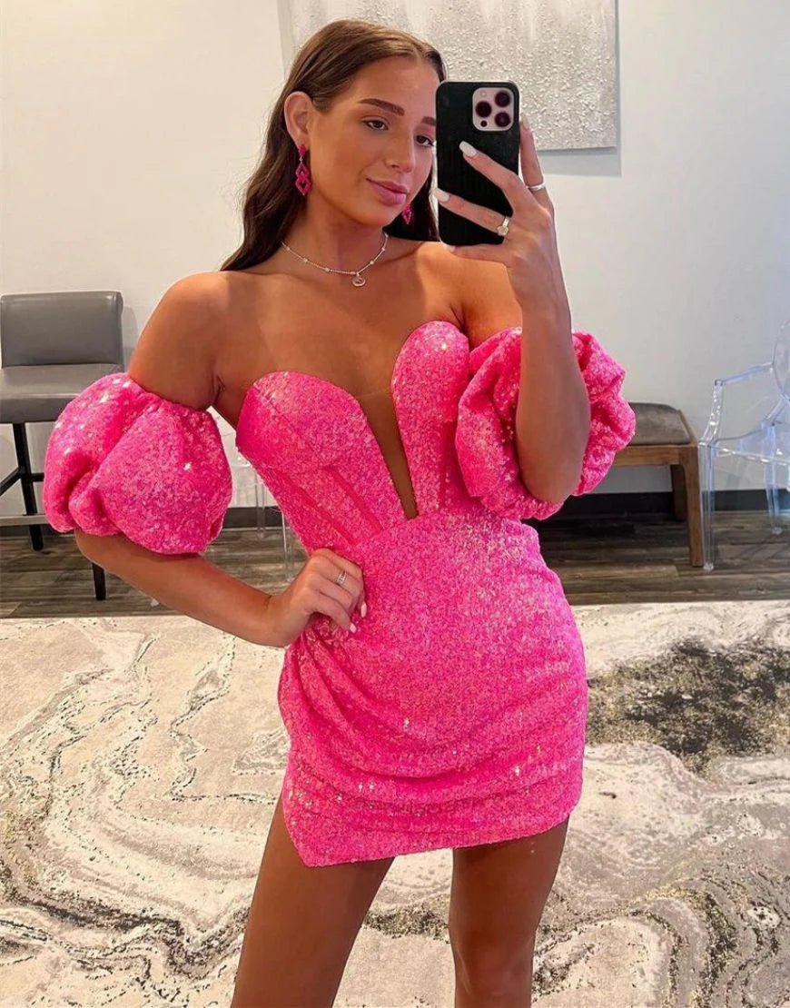 Bodycon Sweetheart Detachable Sleeves Sequin Fuchsia Homecoming Dress