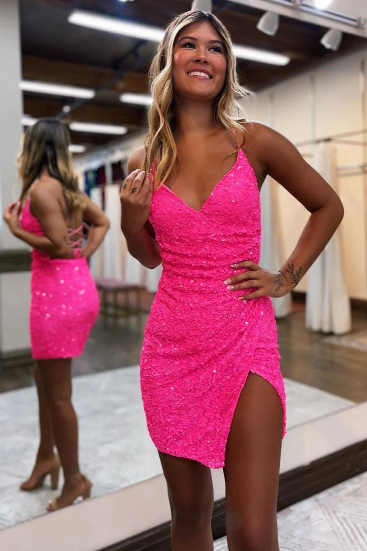 Bodycon V Neck Corset Sequin Hot Pink Short Homecoming Dress With Split