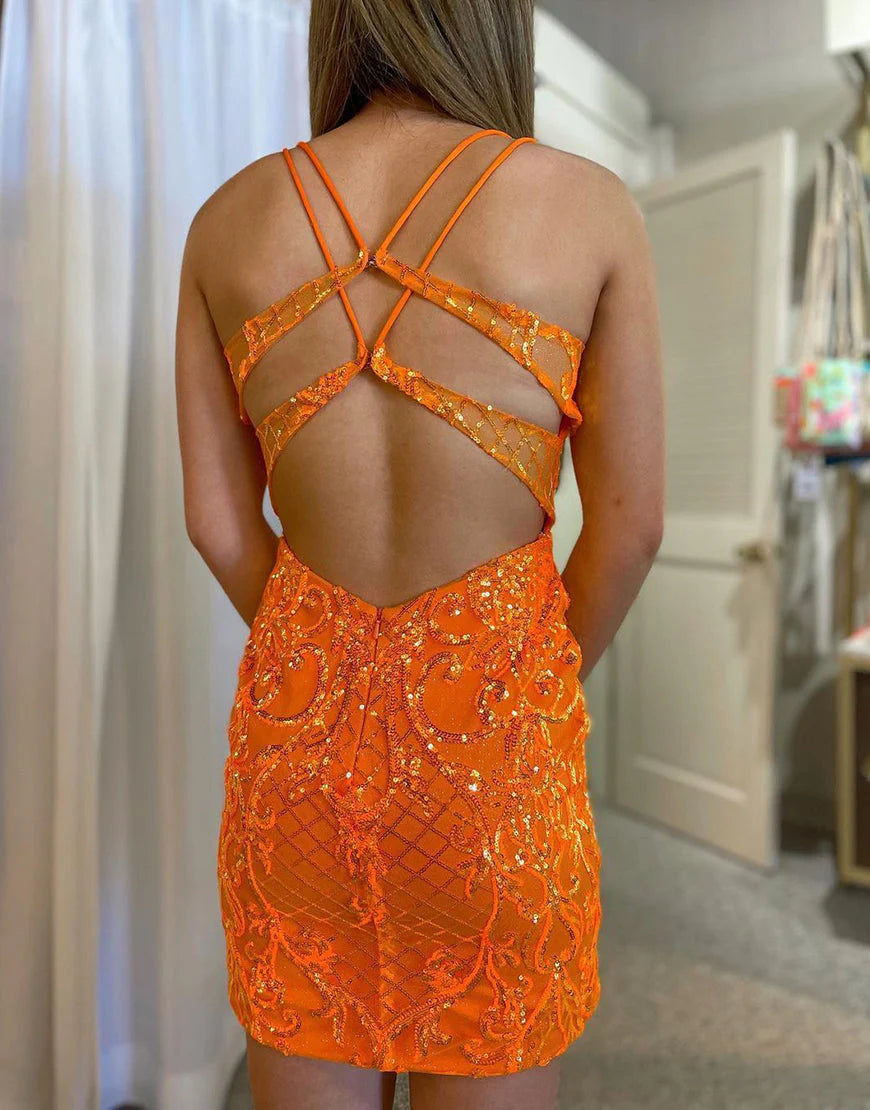 Bodycon V Neck Spaghetti Straps Open Back Sequins Orange Homecoming Dress