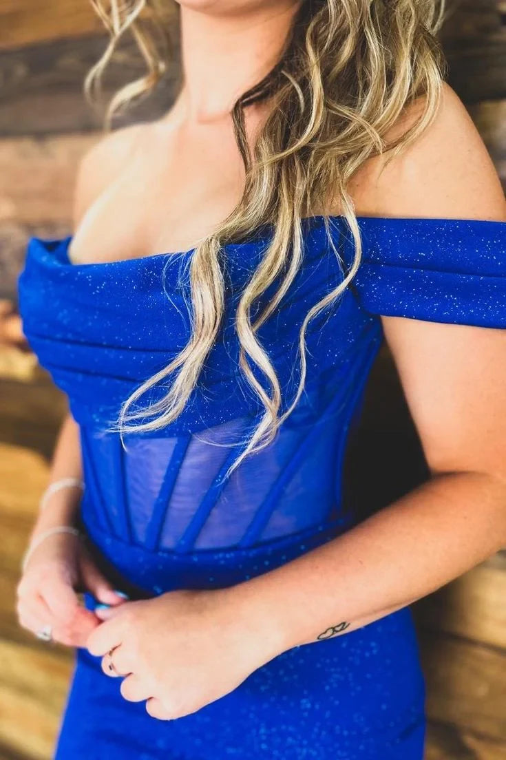 Bodycon Off-Shoulder Corset Ruched Sparkle Royal Blue Short Homecoming Dresses