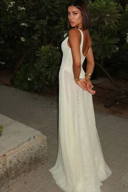 Bohemian A-Line V-Neck Open Back White Floor-Length Prom Dress For Women