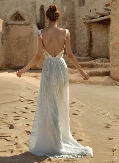 Bohemian A-Line V Neck Hollow Ruched White Train Prom Dress With High Slit