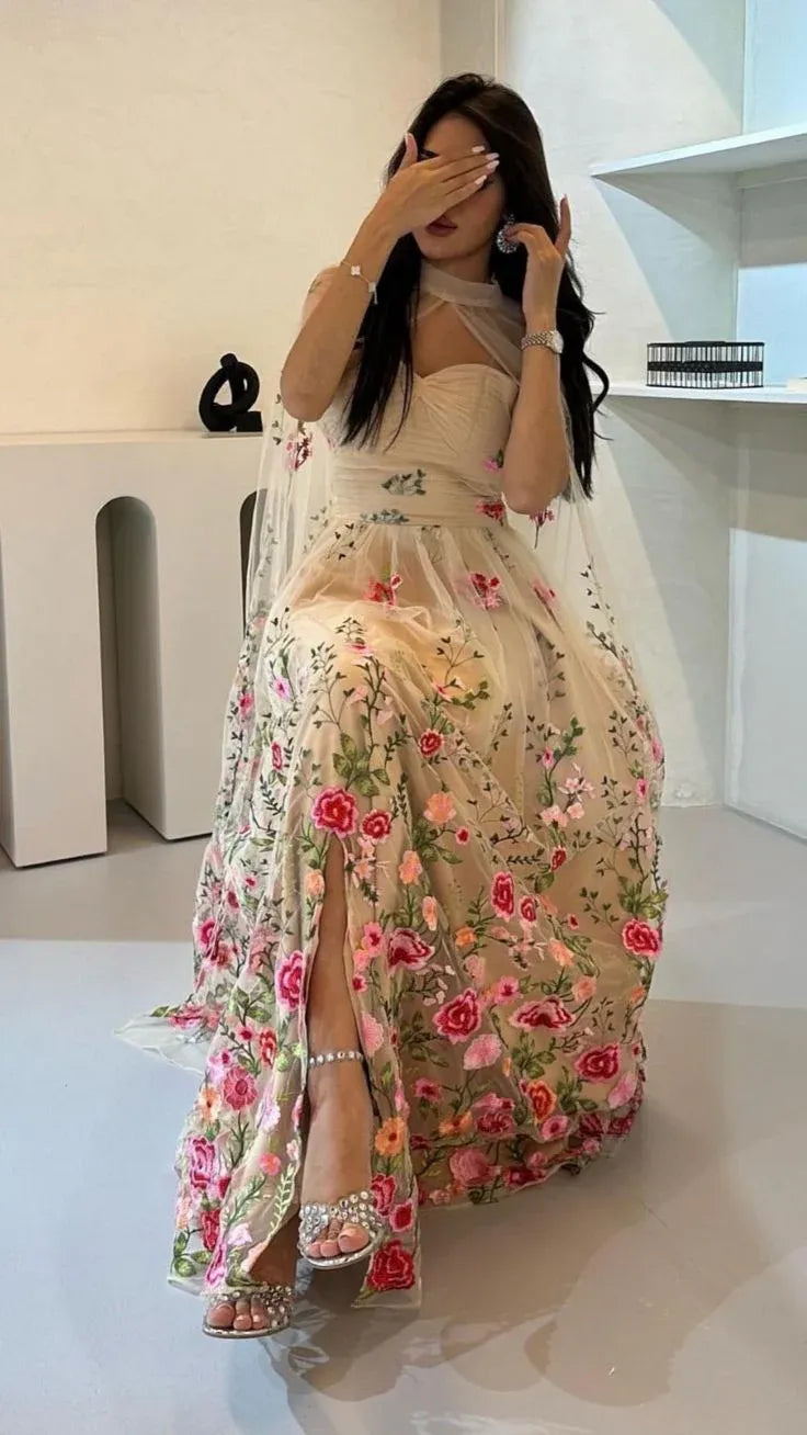 Boho A-Line Pleated Floral Embroidery Tulle Prom Dress With Cape For Sale