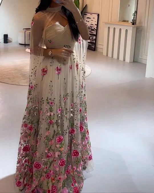 Boho A-Line Pleated Floral Embroidery Tulle Prom Dress With Cape For Sale